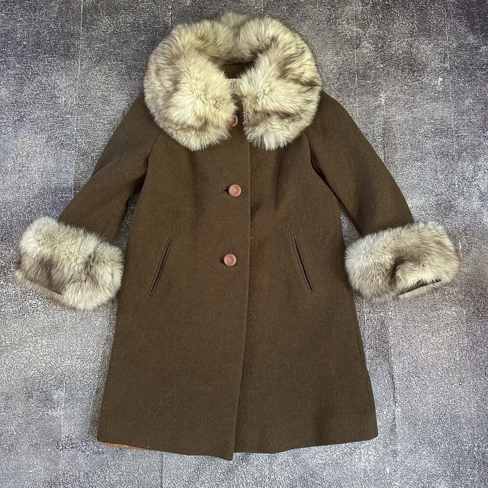 Elegant Brown Pea Coat with Real Mink Fur Trim